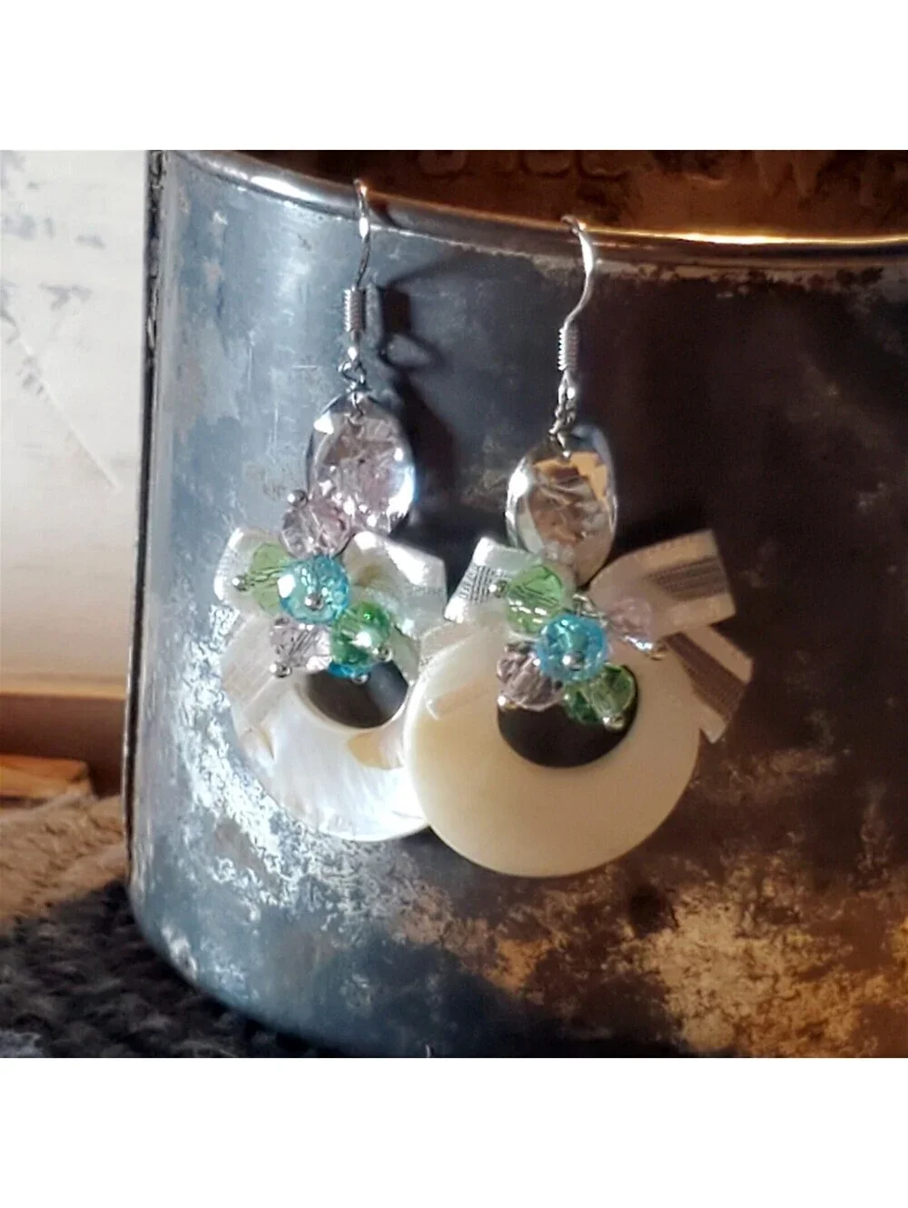 Handcrafted Retro Pearl Shell Czech Crystal White Satin Bows Dangle Earrings